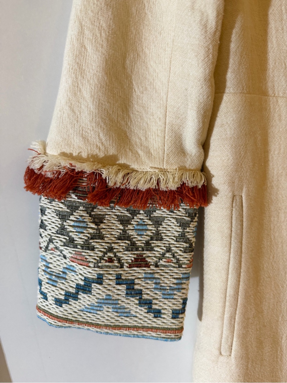 Zara Cream Open-Front Fringe Trim Coat with Embroidered Cuffs - Picture 2 of 7
